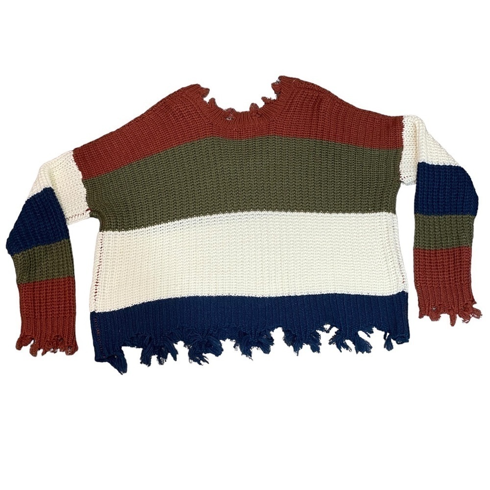 EE: SOME - STYLE #SK2067 COLOR BLOCK‎ TATTERED DISTRESSED LOOSE KNIT SWEATER B6 - Picture 4 of 9